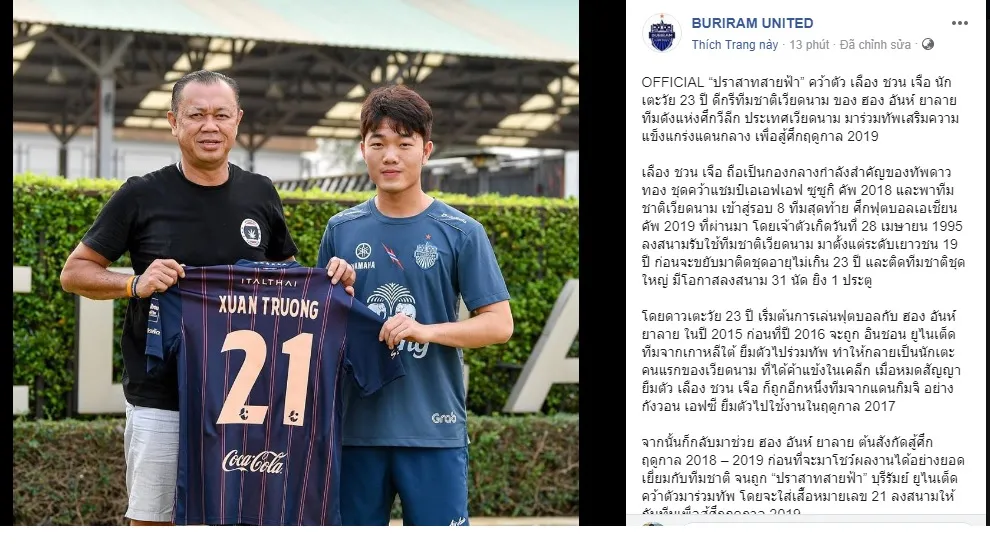 Chính thức: Xuân Trường ra mắt Buriram United, mang số áo 21 - Bóng Đá