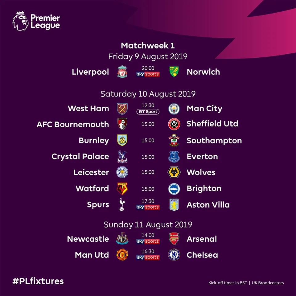 CHÍNH THỨC! Công bố lịch thi đấu Premier League 2019/20 - Bóng Đá