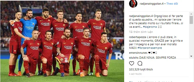 Lập cú đúp vào lưới Liverpool, Nainggolan bất ngờ 'sến súa' trên Instagram - Bóng Đá