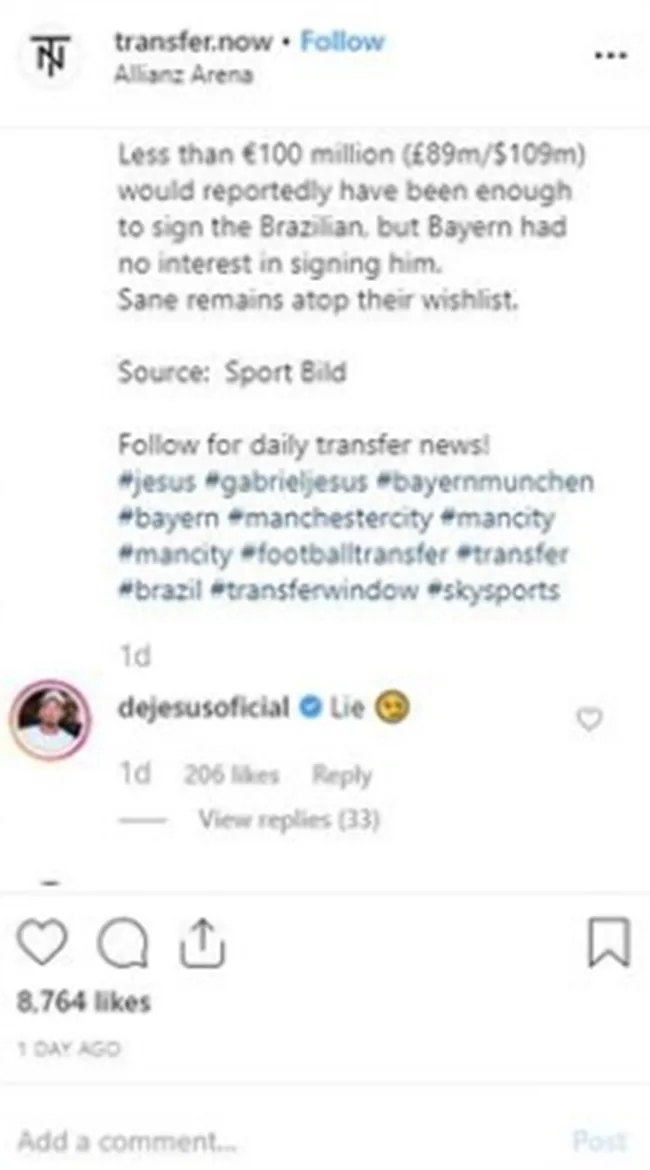 Man City forward Gabriel Jesus' one word response to Bayern Munich transfer rumours - Bóng Đá