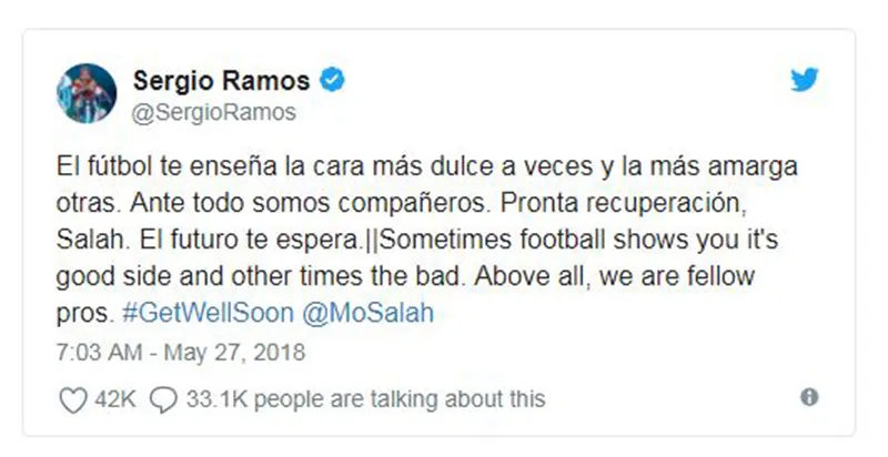 Làm Salah chấn thương, Sergio Ramos gửi thông điệp cực bất ngờ trên mạng xã hội - Bóng Đá