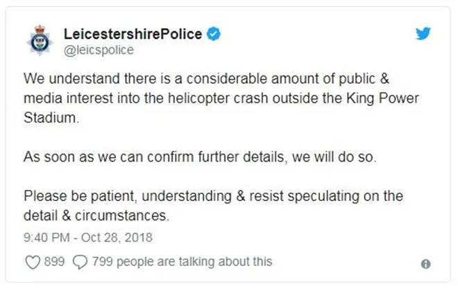 Chính thức! Cảnh sát Leicester lên tiếng về vụ điều tra tai nạn trực thăng - Bóng Đá