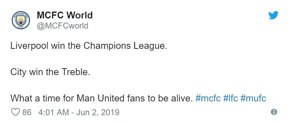 Man City fans mock Manchester United after Liverpool FC win the Champions League - Bóng Đá