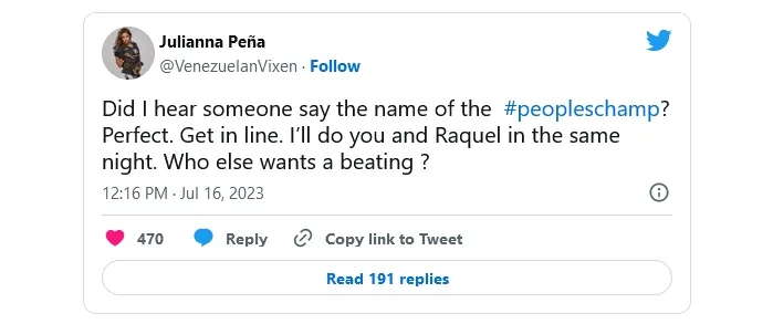 Tuyên bố của Julianna Peña về việc đập cả Bueno Silva lẫn Pennington trên Twitter. Ảnh chụp màn hình.