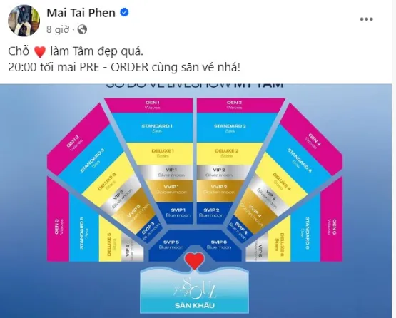 Mới đây, Mai Tài Phến đăng tải hình ảnh poster sơ đồ vé liveshow MY SOUL 1981 của ca sĩ Mỹ Tâm. Đây cũng là lần hiếm hoi anh công khai thể hiện sự ủng hộ với tình tin đồn. Nhiều người con suy đoán anh cũng sẽ xuất hiện tại buổi diễn của cô. Điều gây chú ý Mai Tài Phến còn cẩn thận dặn dò người hâm mộ thời gian đặt vé vào lúc 20 giờ ngày 16/4 kèm dòng chú thích ẩn ý cực tình: 