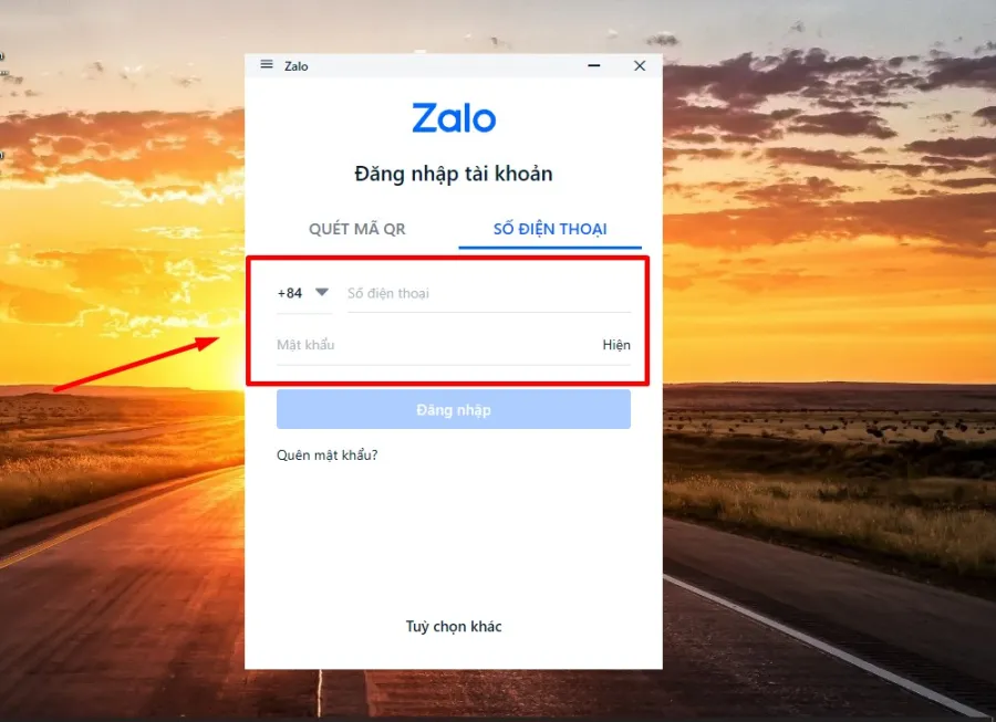 Đăng nhập vào ứng dụng Zalo trên máy tính bằng số điện thoại và mật khẩu tài khoản của bạn.