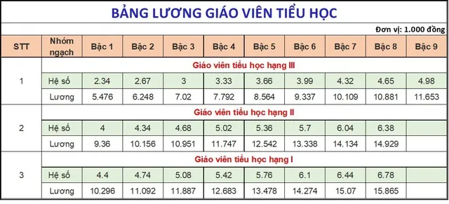 Bảng lương giáo viên Tiểu học từ 1/7/2024