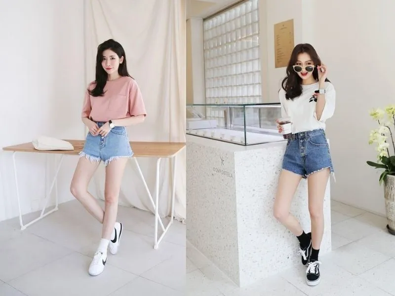 Bạn có thể phối áo thun với quần short jeans vừa đơn giản vừa thoải má