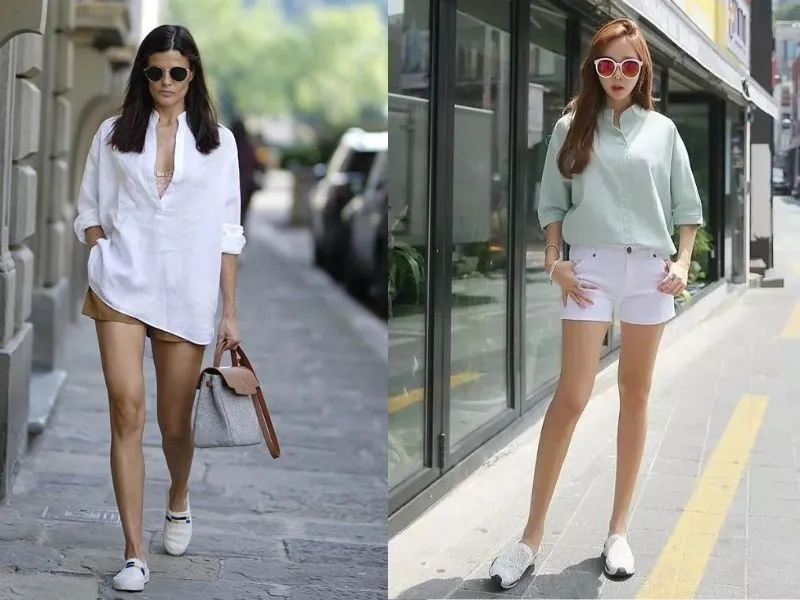 Quần shorts nữ phối với áo gì? Áo sơ mi cởi nút phối với quần short vừa đẹp vừa cá tính