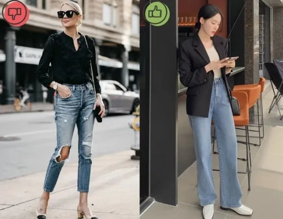 Quần jeans rách là item bạn nên cân nhắc khi mua sắm, có thể tạo cảm giác luộm thuộm, thiếu sự tinh tế cho người diện.