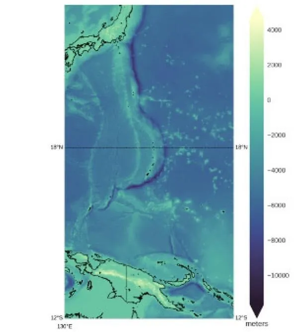 Bản đồ đo độ sâu của SRTM cho thấy độ sâu của khu vực rãnh Mariana, ngoài khơi bờ biển Nhật Bản và Insonesia.