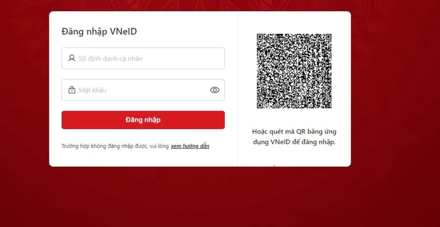 Đăng nhập bằng tài khoản VNeID hoặc quét mã QR bằng ứng dụng VNeID.