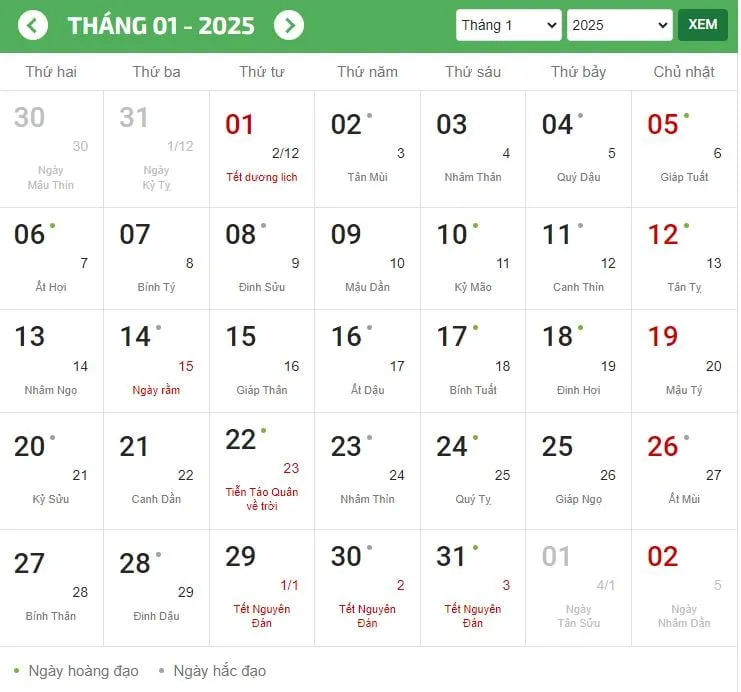 Tết dương lịch 2025 - 1/1/2025 rơi vào thứ Thư.