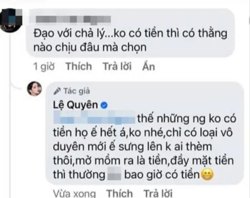 Lệ Quyên đáp trả cực gắt khi bị mỉa mai 'nhiều tiền mới có người yêu'