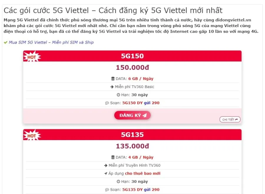 Các gói cước 5G trên trang didongviettel.vn