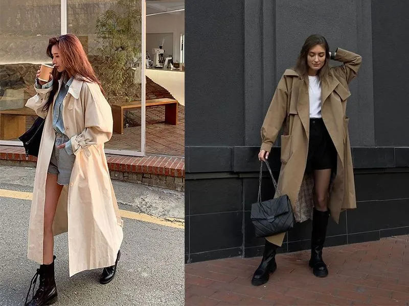 Áo khoác trench coat và váy hoặc chân váy cùng tông màu, cũng có thể chọn các màu gần nhau với tông sáng làm chủ đạo.