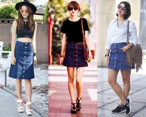 Mách bạn gái mix đồ với chân váy denim đính cúc phong cách retro