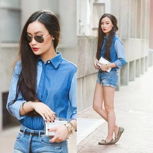 Thu phong cách với style trang phục denim chắp vá