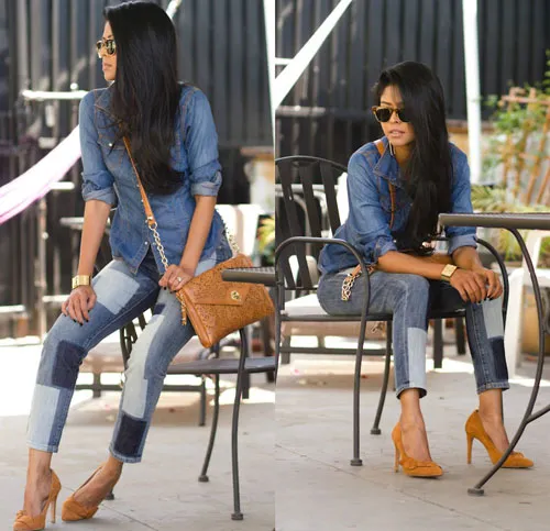 Thu phong cách với style trang phục denim chắp vá