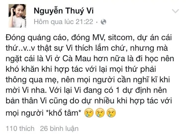 Thúy Vi chia sẻ trên trang cá nhân