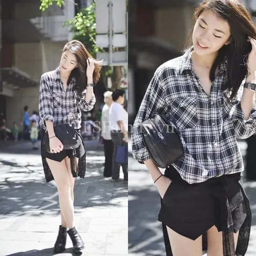 Mix áo sơ mi dài tay với quần short 1