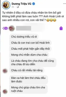 Dương Triệu Vũ chia sẻ tin nhắn người tự nhận là con của Hoài Linh.