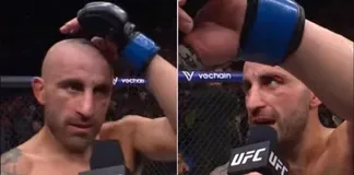 Alexander Volkanovski trả lời phỏng vấn trong lồng bát giác sau trận đấu với Islam Makhachev.