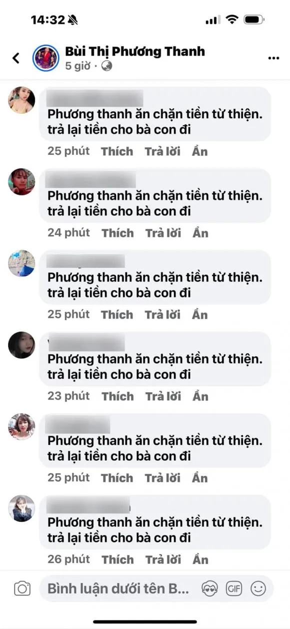 Mới đây, Phương Thanh liên tiếp bị khủng bố bằng comment tố ăn chặn tiền từ thiện. Cô rất bức xúc về việc này, cô viết: 