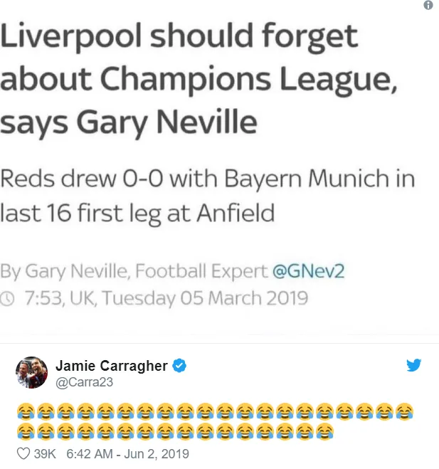 Jamie Carragher can't resist dig at Gary Neville after Liverpool's Champions League glory - Bóng Đá