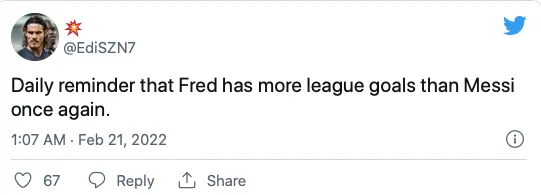 Manchester United fans can't believe Fred has scored more league goals than Lionel Messi - Bóng Đá