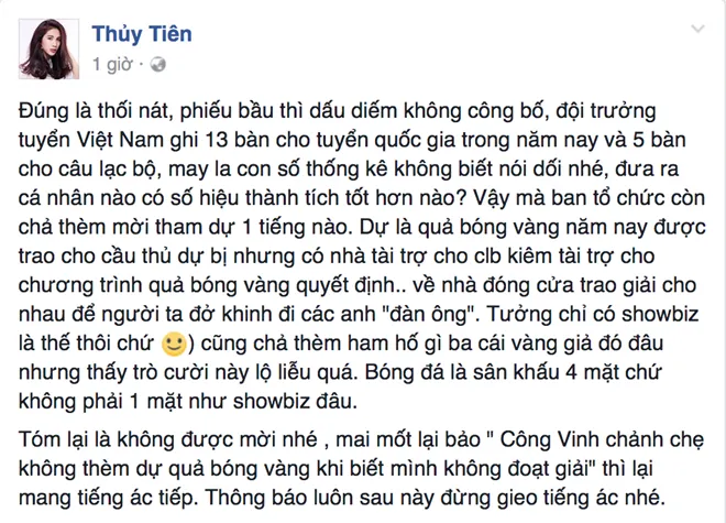 Thuy Tien buc xuc khi Cong Vinh khong duoc Qua bong vang Viet Nam phunutoday.vn 1