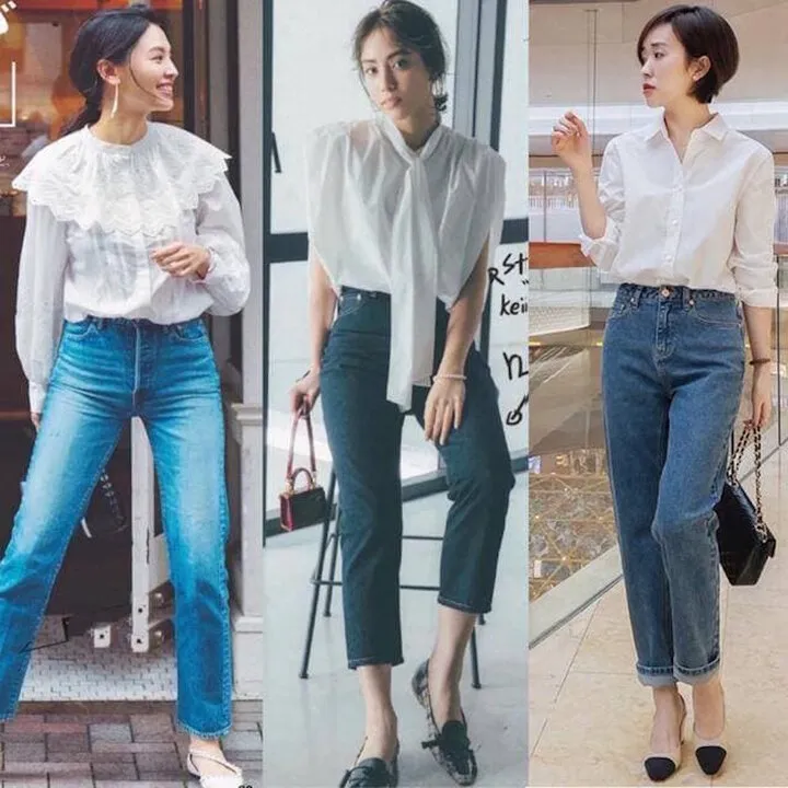 Ở tuổi này, các chị em nên ưu tiên quần jeans trơn, thiết kế ống đứng hoặc ống suông.