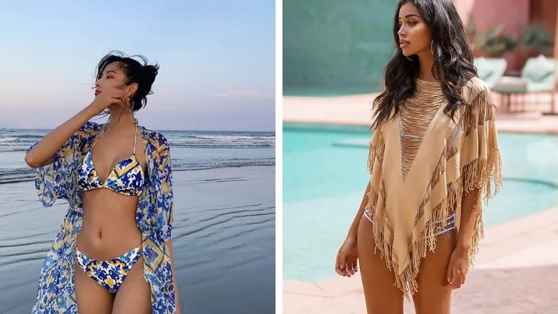 Phối áo choàng poncho cùng bikini rất sành điệu