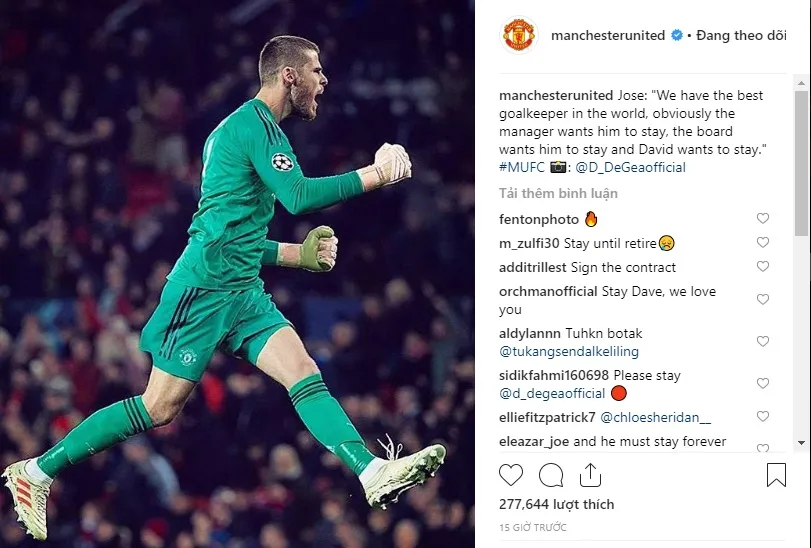 De Gea like post Mourinho nói sắp gia hạn - Bóng Đá