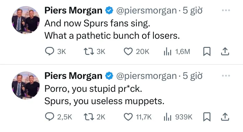 Furious Arsenal fan Piers Morgan brands Tottenham as a 'pathetic bunch of losers' and 'useless muppets' - Bóng Đá