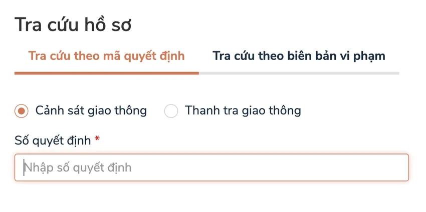 Tra cứu quyết định theo biên bản vi phạm hoặc mã quyết định.