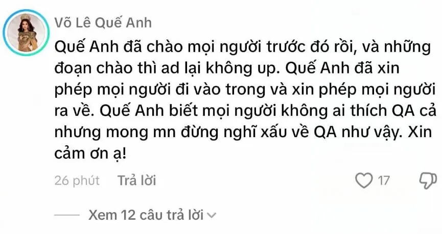 Hoa hậu Quế Anh lên tiếng thanh minh 