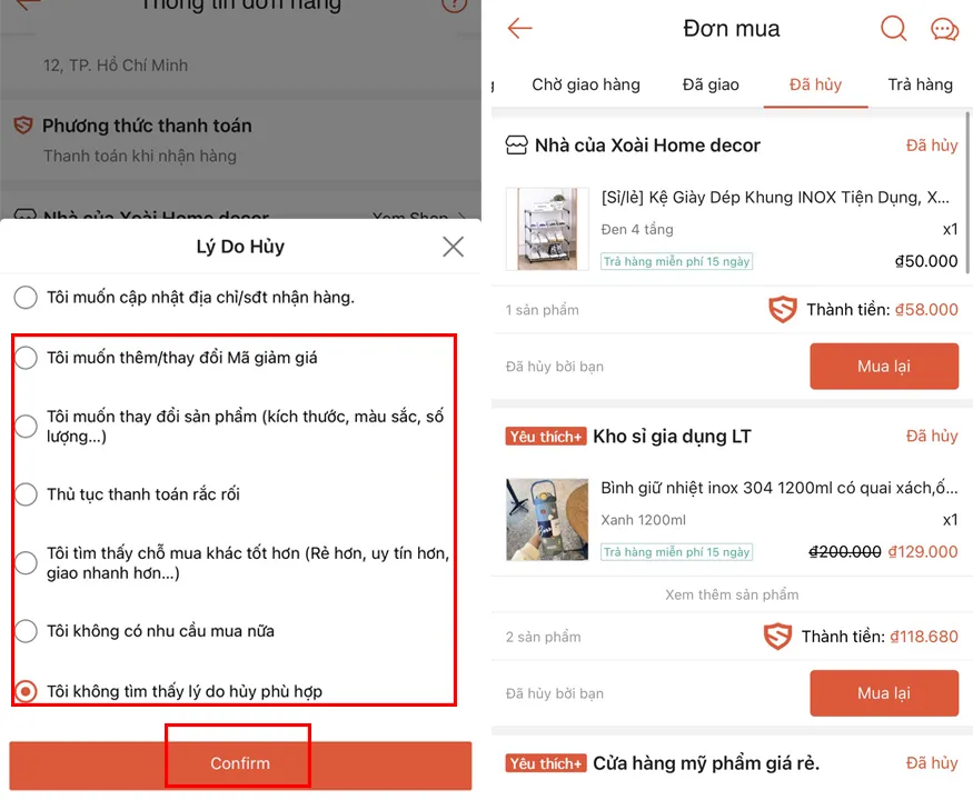 cach huy don hang shopee