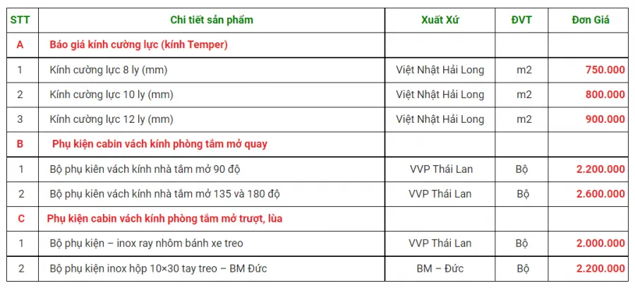 Bảng giá lắp đặt vách kính nhà tắm tại Hải Long