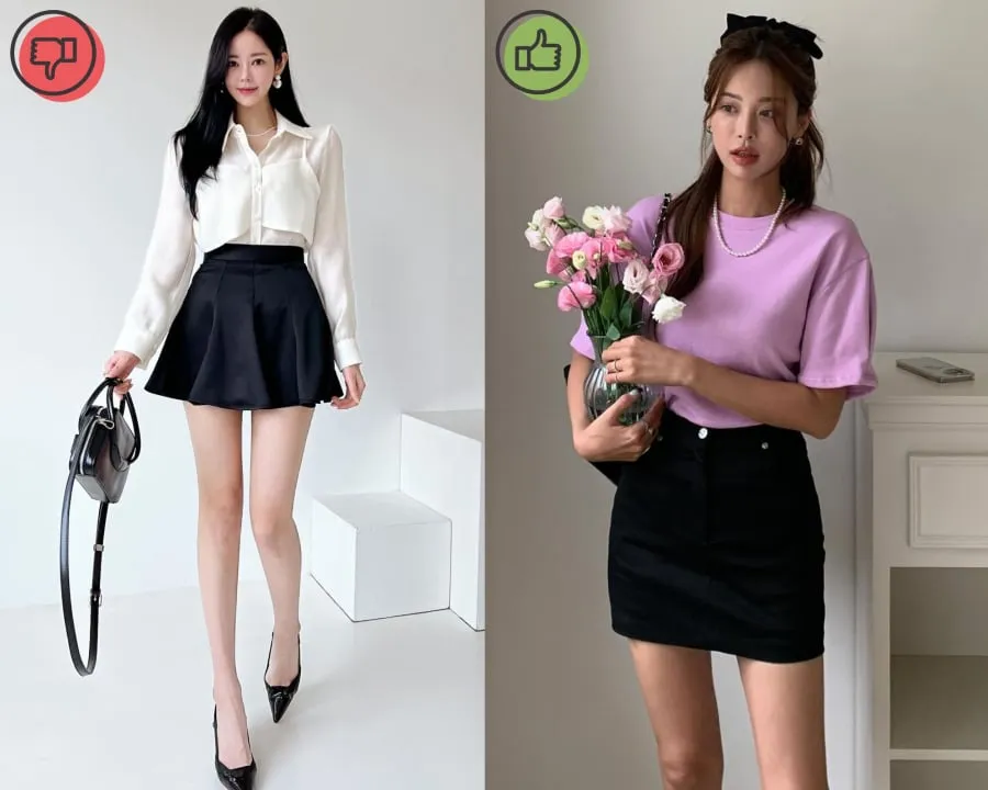 Chân váy đen ngắn, dáng suông là lựa chọn hợp lý hơn.