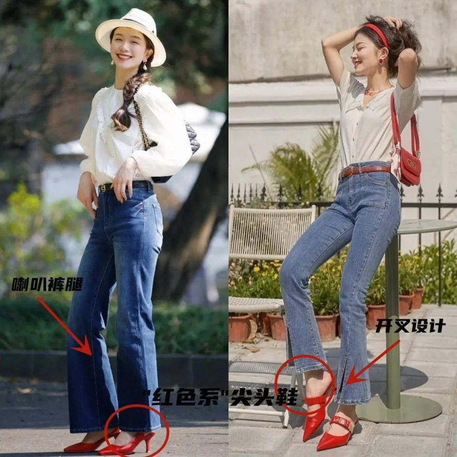 Áo sơ mi trắng cổ đứng kết hợp với quần jeans ống loe màu xanh và một đôi giày cao gót mũi nhọn.